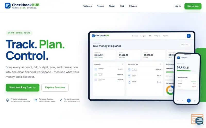 Screenshot of CheckbookHUB · Track. Plan. Control.