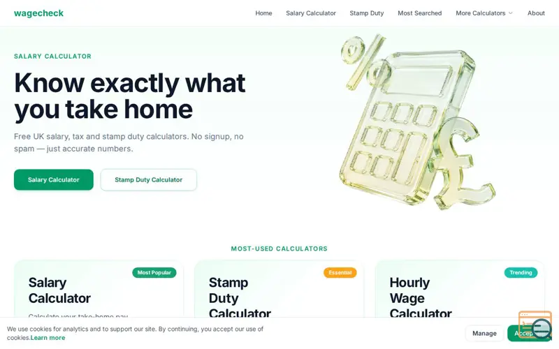Screenshot of wagecheck | UK salary, tax and stamp duty calculators