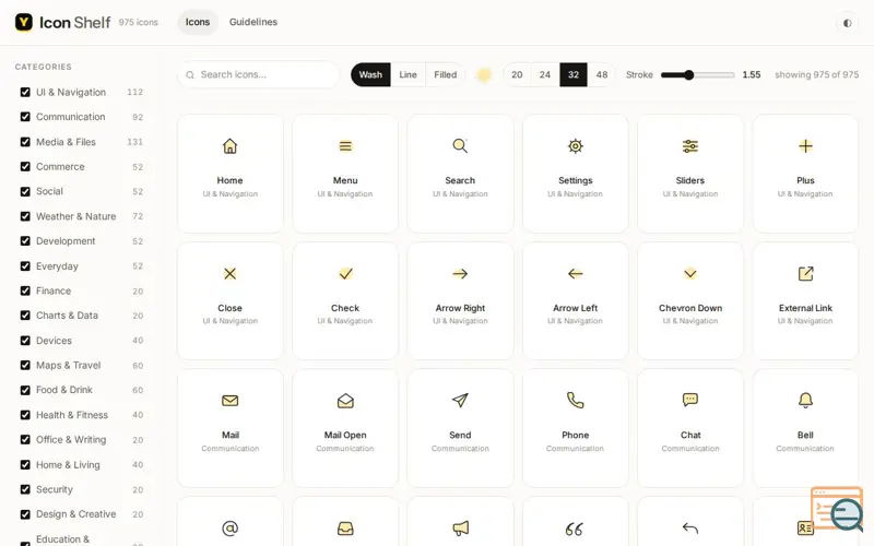 Screenshot of Icon Shelf — hand-drawn icons, a launch using JSZip