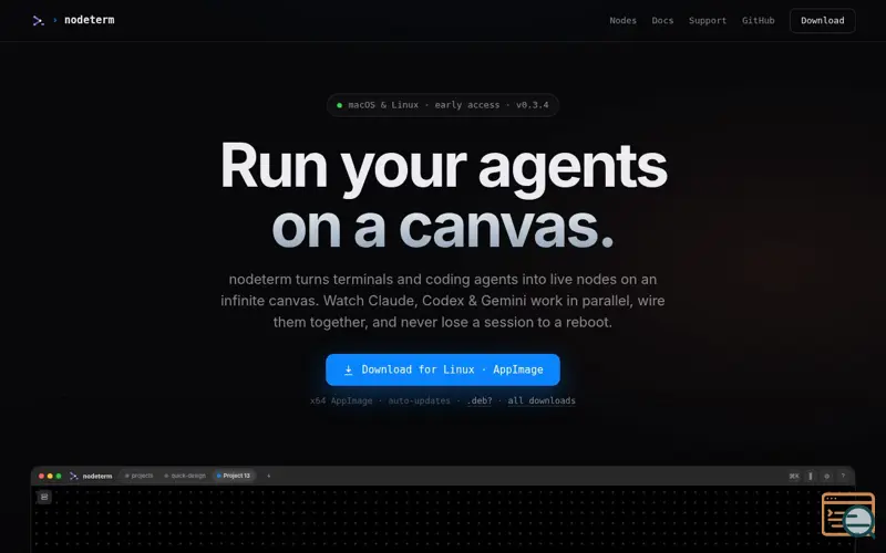 Screenshot of nodeterm — run your coding agents on a canvas