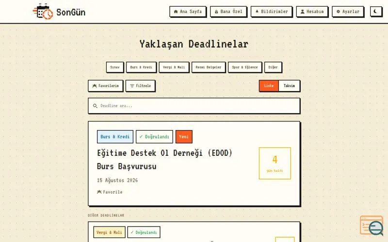 Screenshot of SonGün — Türkiye Deadline Takip