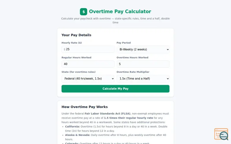 Screenshot of Overtime Pay Calculator