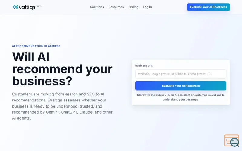 Screenshot of Evaltiqs | AI Recommendation Readiness