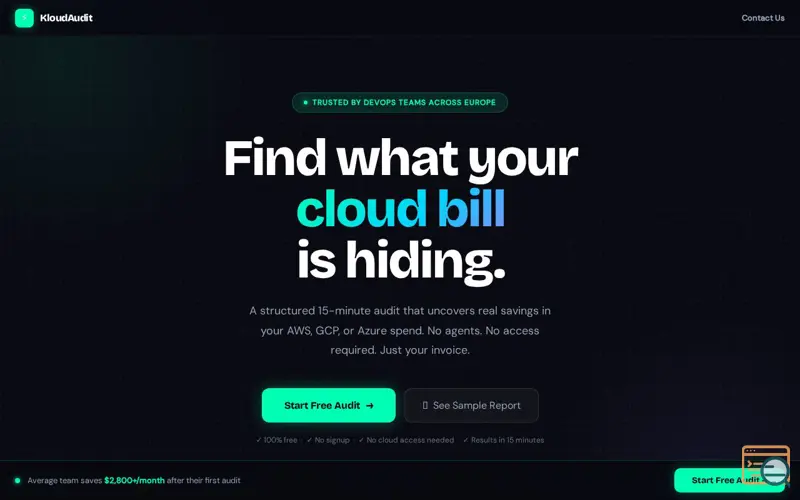 Screenshot of KloudAudit — Free Cloud Cost Audit, a launch using home.pl Email