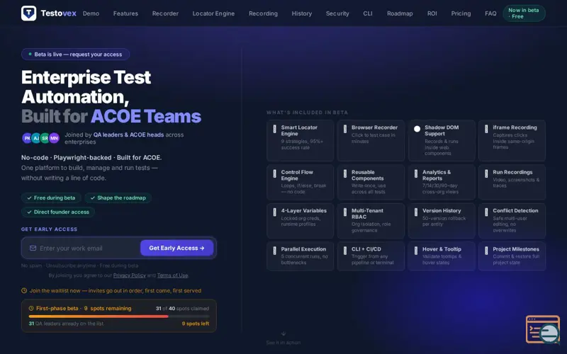 Screenshot of Testovex — Enterprise Test Automation for ACOE Teams