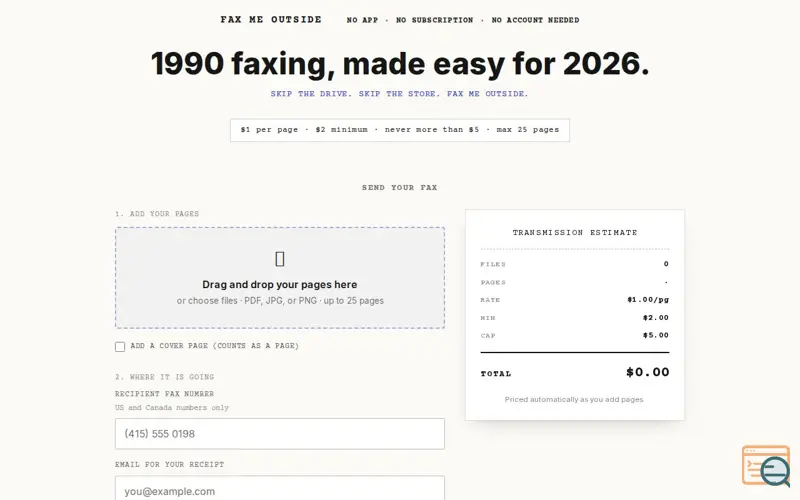 Screenshot of Fax Me Outside