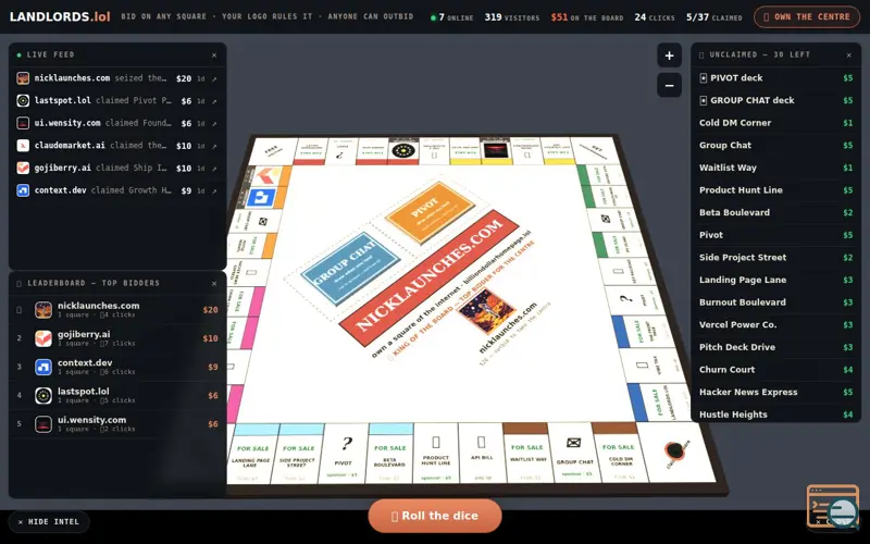 Screenshot of LANDLORDS.lol: own a square of the board