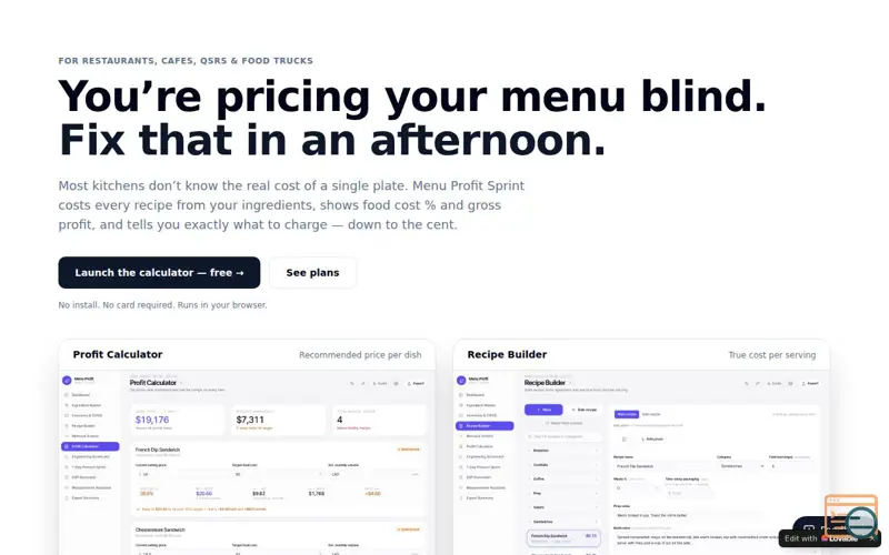 Screenshot of Food Cost Calculator: Menu Profit Sprint