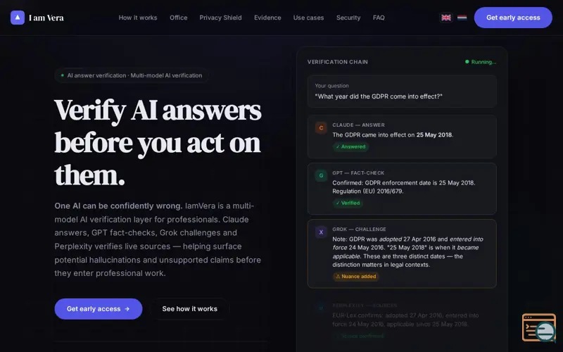 Screenshot of AI Answer Verification & Hallucination Detection | IamVera