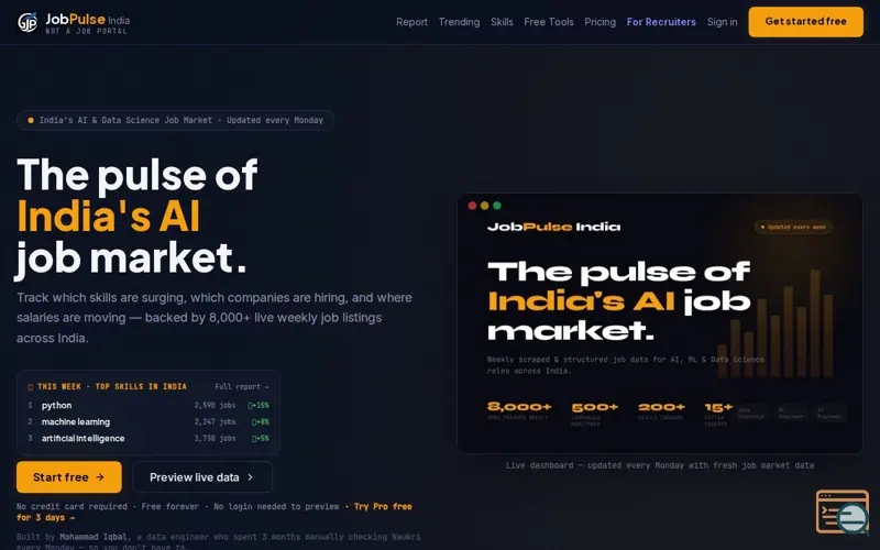 Screenshot of GetJobPulse India, a launch using Auth.js
