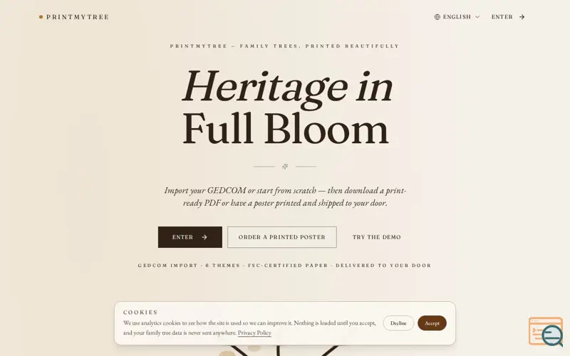 Screenshot of PrintMyTree — Printed Family Tree Posters & PDFs from GEDCOM