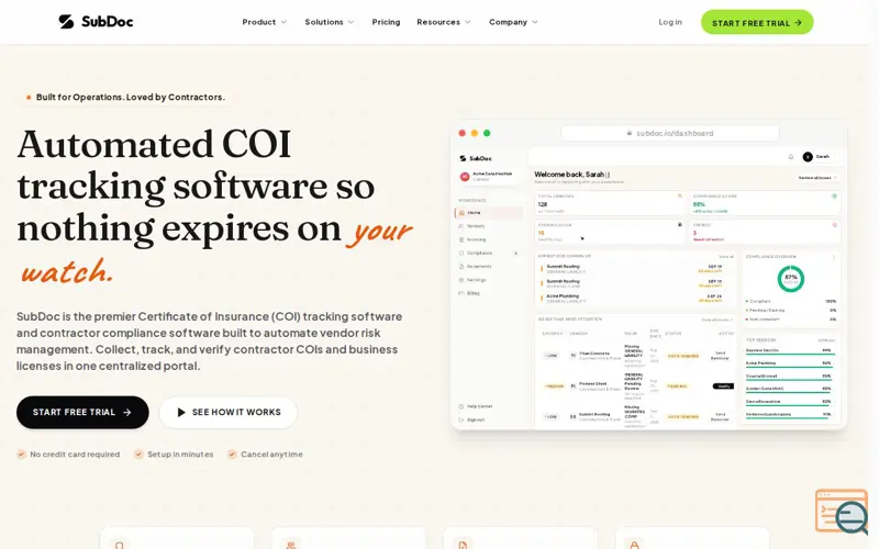 Screenshot of Certificate of Insurance (COI) & Insurance Tracking Software | SubDoc