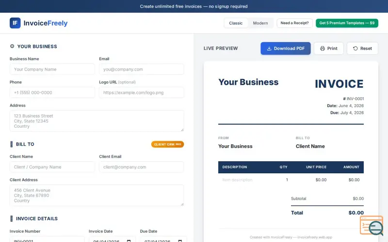 Screenshot of InvoiceFreely