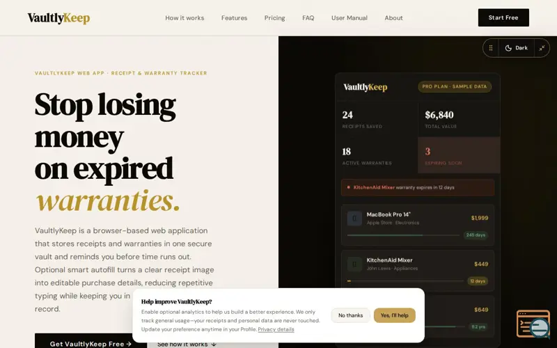 Screenshot of VaultlyKeep, a launch using SideProjectors
