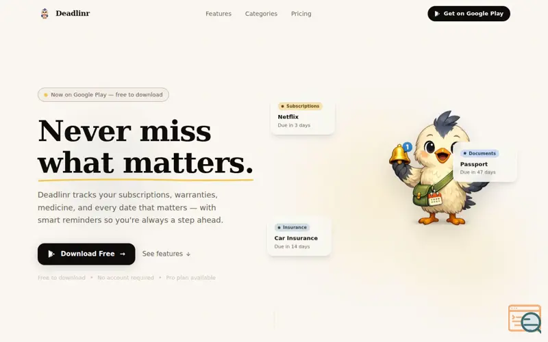 Screenshot of Deadlinr — Never miss what matters