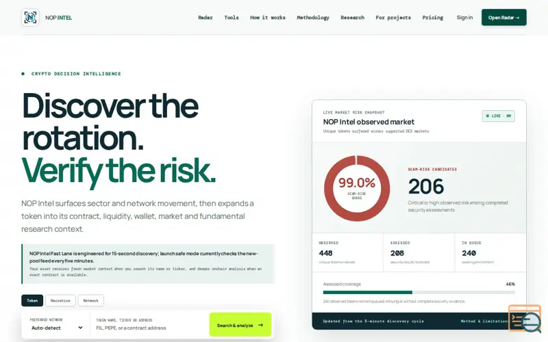 Screenshot of Emerging Token Radar & Crypto Risk Intelligence | NOP Intel