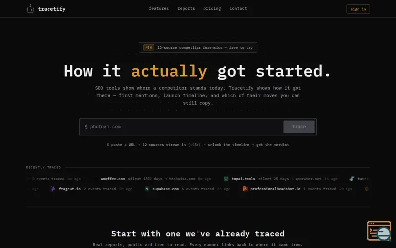Screenshot of Tracetify — Trace how any competitor actually got started