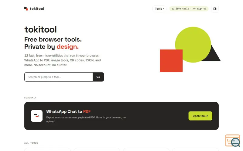 Screenshot of Tokitool — Free Browser Tools | Private, No Upload