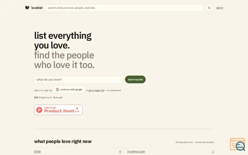Screenshot of lovelisti
