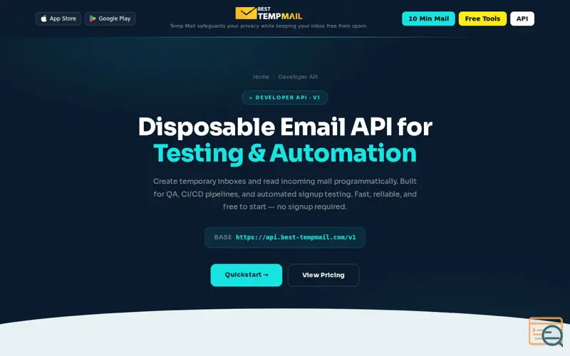 Screenshot of Best Temp Mail API For Develpers, a launch using NextGen Tools