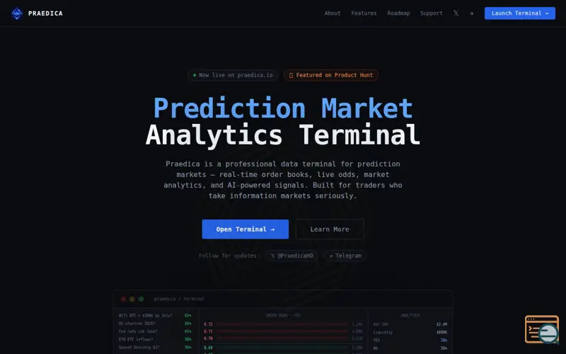 Screenshot of Praedica — Prediction Market Terminal, a launch using Alchemy