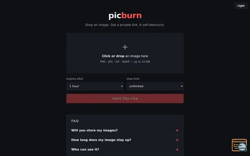 Screenshot of picburn — temporary image sharing