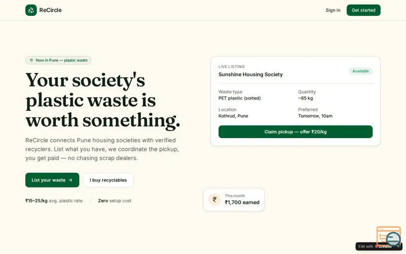Screenshot of ReCycle - waste pickup for societies