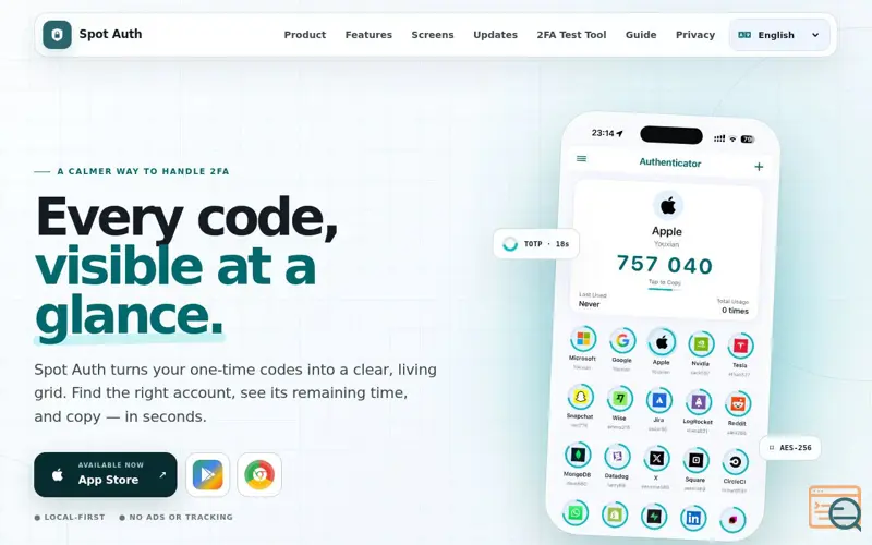 Screenshot of Spot Auth — Every code, visible at a glance.