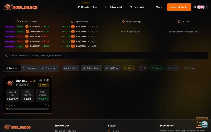 Screenshot of HODL.DANCE, a launch using RainbowKit