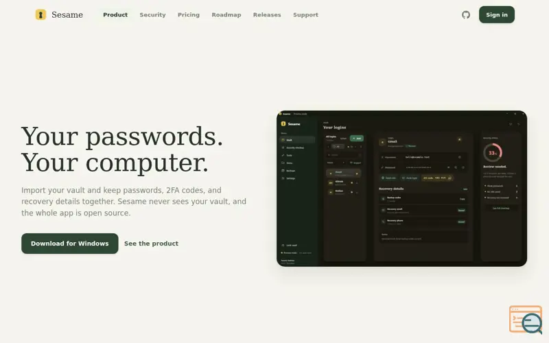 Screenshot of Sesame: Open Source Passwords, 2FA and Recovery