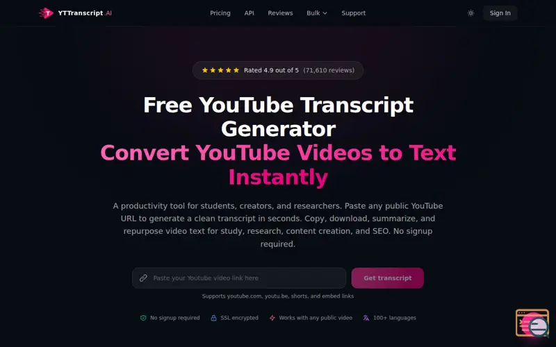Screenshot of YouTube to Transcript, a launch using Noembed