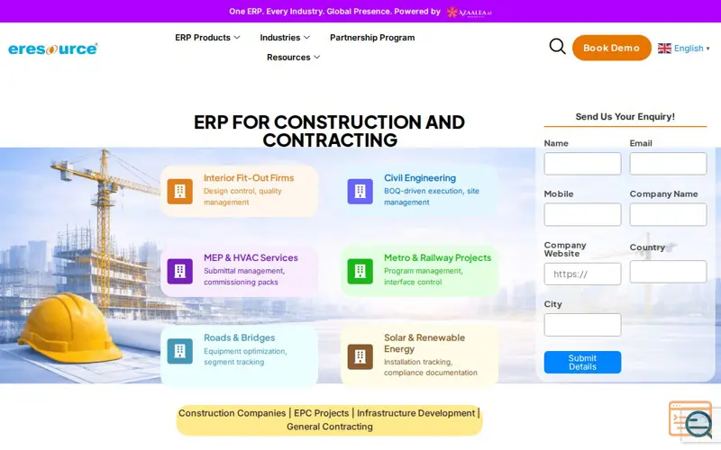 Screenshot of ERP for Construction - eresource, a launch using NitroPack
