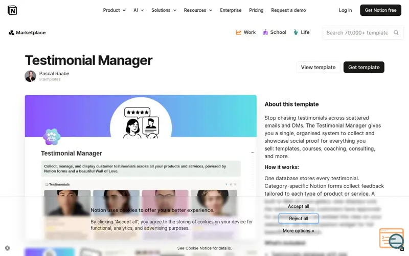 Screenshot of Beautiful Testimonial Manager in Notion, a launch using Common Room