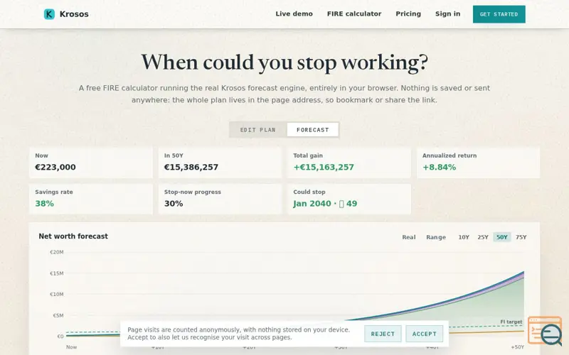 Screenshot of Krosos FIRE Calculator