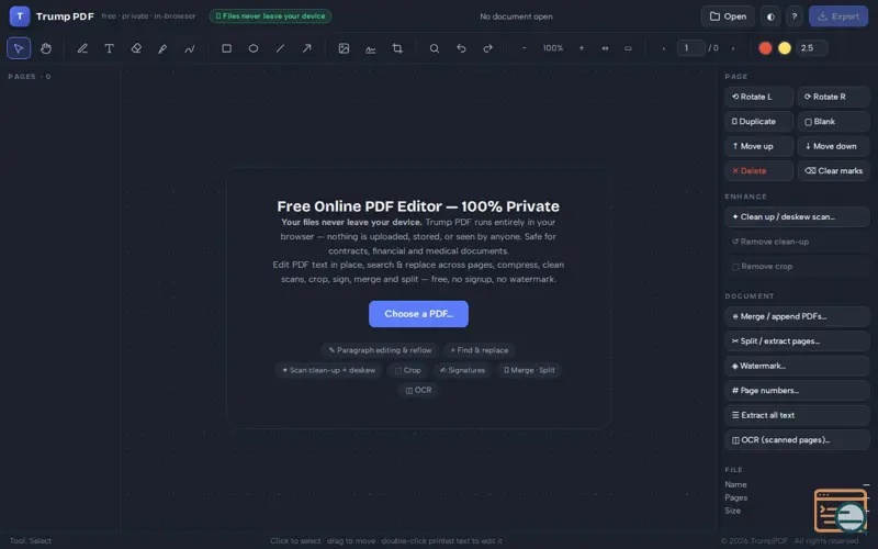 Screenshot of TrumpPDF, a launch using pdf-lib