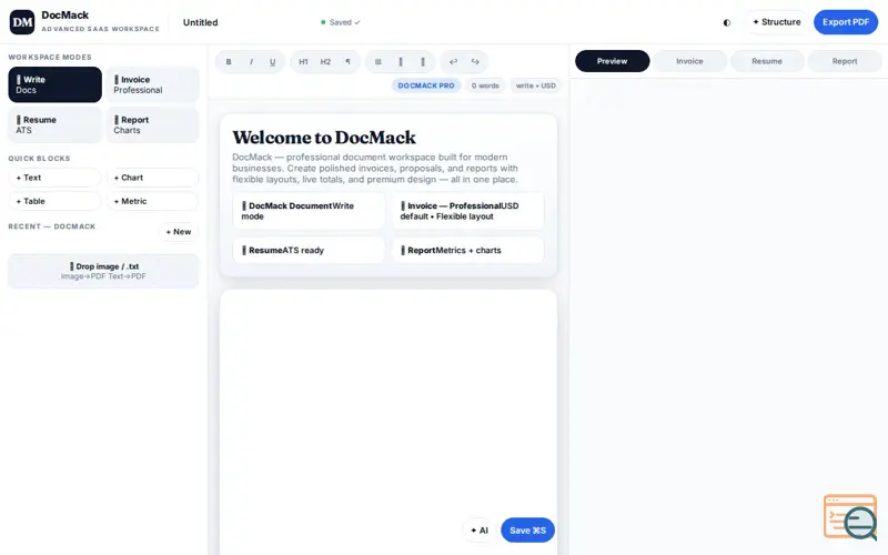 Screenshot of DocMack — Advanced SaaS Workspace