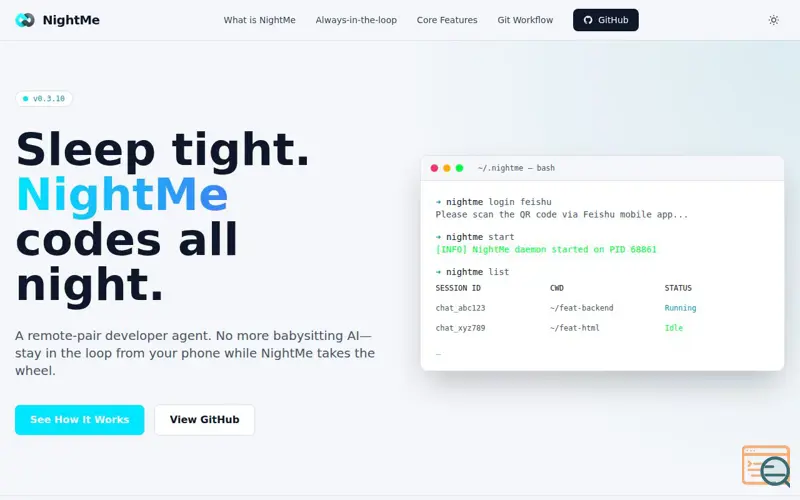 Screenshot of NightMe — Sleep tight. NightMe codes all night.