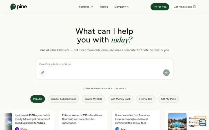 Screenshot of Pine AI Assistant, a launch using Testimonial.to