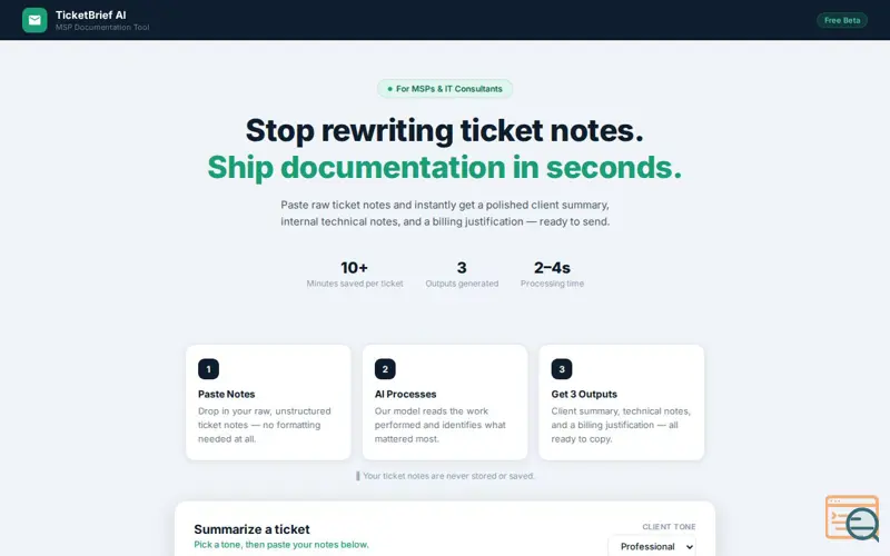 Screenshot of TicketBrief AI