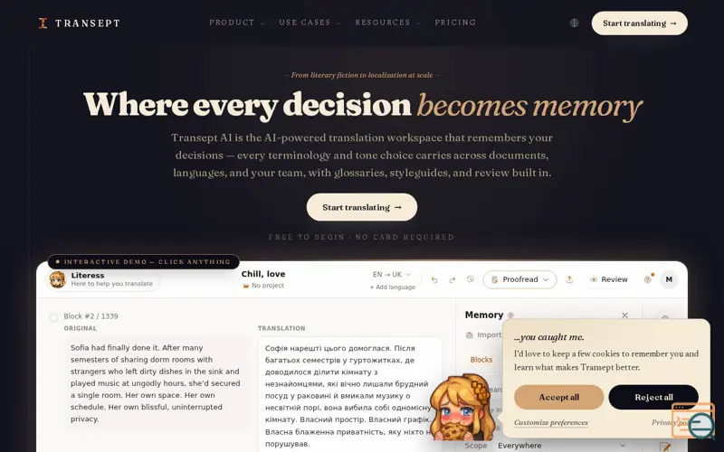 Screenshot of Transept AI — Translation Software with Memory, a launch using Firsto