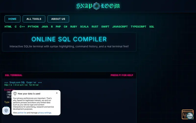 Screenshot of Online SQL Compiler