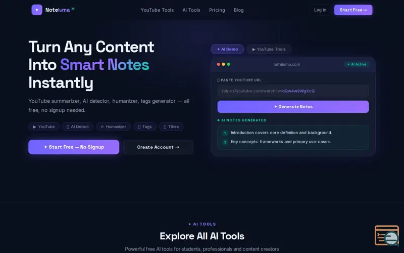 Screenshot of Noteluma — Free AI Note Generator & YouTube Summarizer