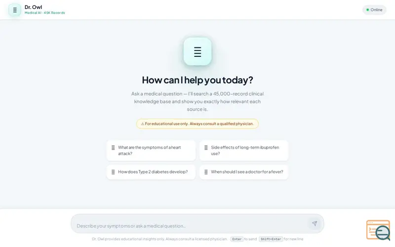 Screenshot of Dr. Owl: High-Speed Medical RAG AI