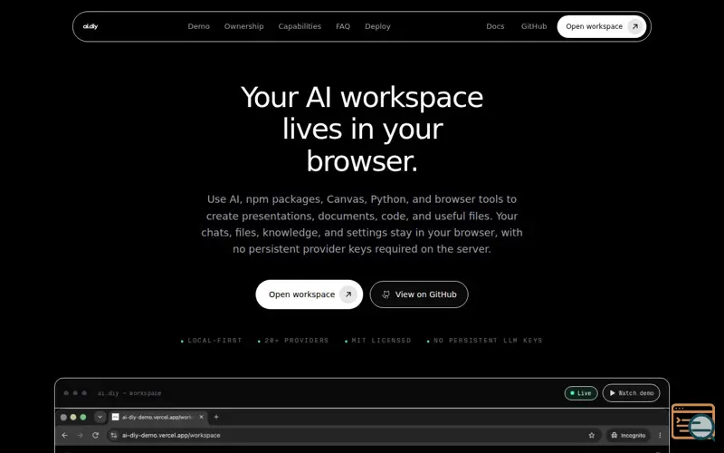 Screenshot of ai.diy | Browser-Owned AI Workspace