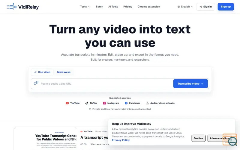 Screenshot of Video Transcript Generator for TikTok, Reels… | VidiRelay