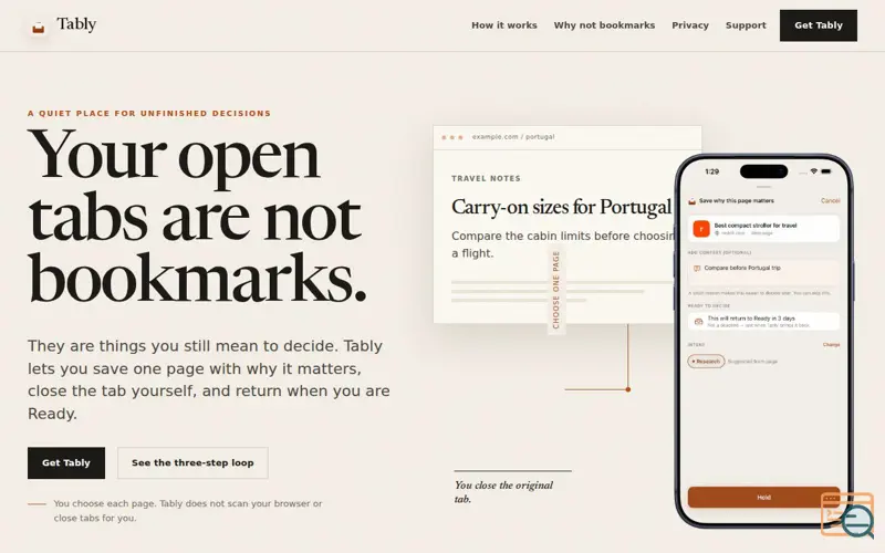Screenshot of Tably — Save Why. Close the Tab. Decide Later.