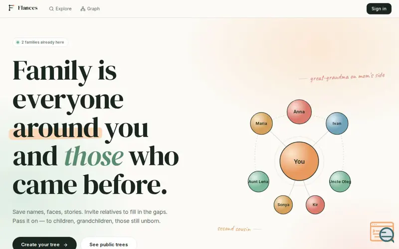 Screenshot of Flances — family tree online