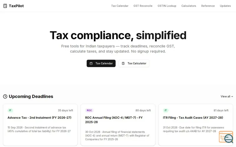 Screenshot of TaxPilot — Free Tax Tools for India