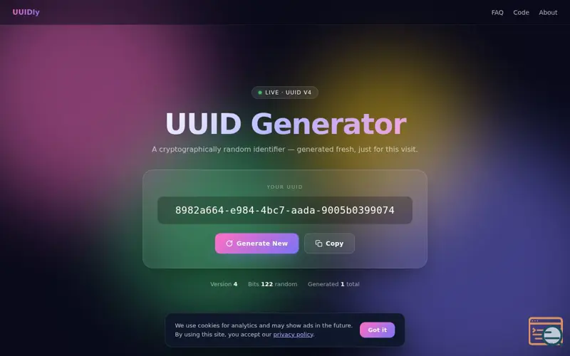 Screenshot of Free UUID Generator Secure UUID , a launch using GitLab