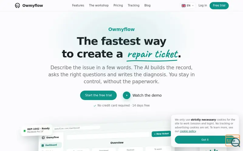 Screenshot of Owmyflow — AI-powered ticketing system